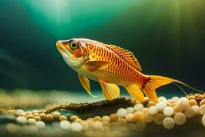 a goldfish is standing on top of a bunch of white beads. AI-Generated photo