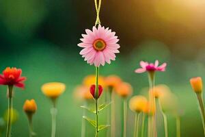 a pink flower is hanging from a string in a field. AI-Generated photo
