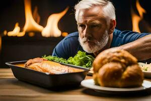 un más viejo hombre sentado a un mesa con un asado pollo y vegetales. generado por ai foto