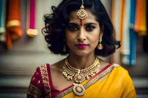 a woman in a yellow sari with gold jewelry. AI-Generated photo