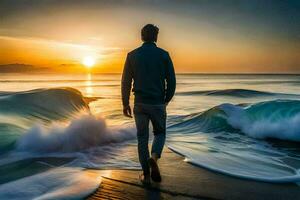 un hombre en pie en el playa a puesta de sol. generado por ai foto