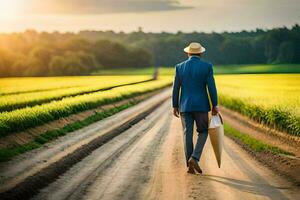 a man in a suit and hat walking down a dirt road. AI-Generated photo