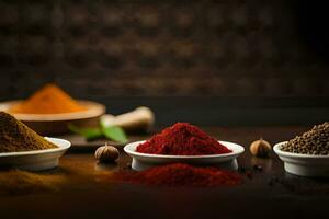 various spices in bowls on a table. AI-Generated photo