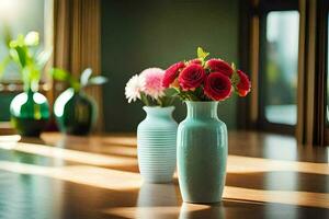 two vases with flowers on a table. AI-Generated photo