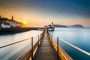 a pier with a lighthouse at sunset. AI-Generated photo