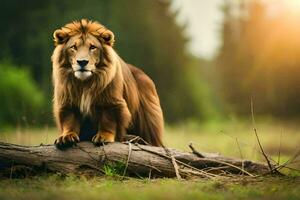 a lion is sitting on a log in the middle of a field. AI-Generated photo