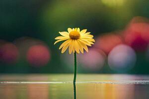 a single yellow flower stands in the water. AI-Generated photo