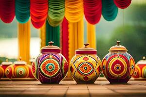 colorful pots with colorful designs on them sit on a wooden floor. AI-Generated photo