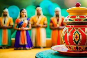 a colorful pot with people standing around it. AI-Generated photo