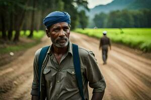 a man in a turban walks down a dirt road. AI-Generated photo