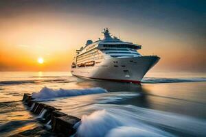 un crucero Embarcacion en el Oceano a puesta de sol. generado por ai foto