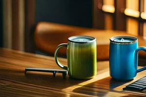 two colorful mugs sitting on a wooden table. AI-Generated photo