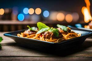 two black dishes with spaghetti and meatballs on a wooden table. AI-Generated photo