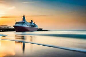 un crucero Embarcacion atracado a el playa a puesta de sol. generado por ai foto