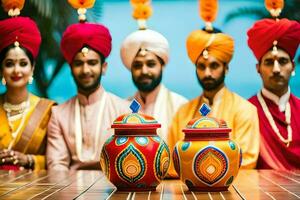 a group of people in colorful turbans. AI-Generated photo