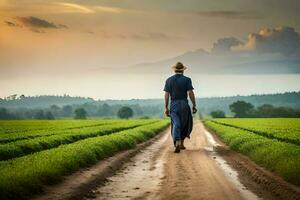 un hombre caminando abajo un suciedad la carretera en un campo. generado por ai foto