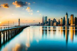 el Manhattan horizonte es reflejado en el agua. generado por ai foto