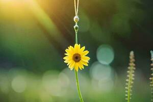 a single yellow flower is hanging from a string. AI-Generated photo