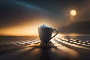 a cup of coffee on a table in front of a full moon. AI-Generated photo
