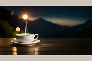 un taza de café en un mesa con un montaña en el antecedentes. generado por ai foto