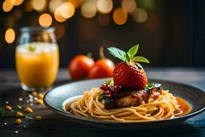 spaghetti with meat and tomato sauce on a plate. AI-Generated photo