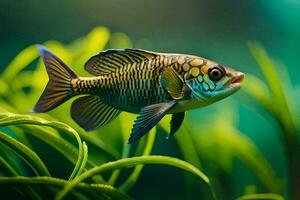 a fish swimming in a tank with green grass. AI-Generated photo