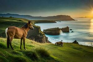 the horse is standing on the edge of the cliff. AI-Generated photo