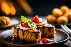 un pedazo de pastel con fresas y jarabe en un lámina. generado por ai foto