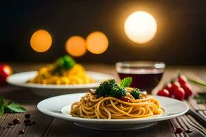 espaguetis con brócoli y Tomates en un de madera mesa. generado por ai foto