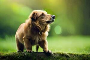 a golden retriever standing on a log in the grass. AI-Generated photo
