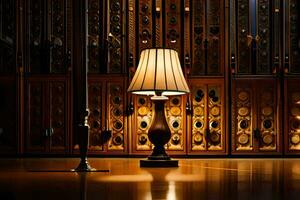 a lamp is sitting on a table in front of a wall. AI-Generated photo