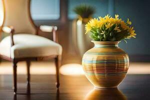 yellow flowers in a vase on a wooden floor. AI-Generated photo