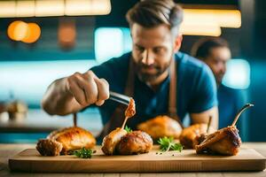 a man is preparing chicken on a cutting board. AI-Generated photo
