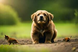 un perro y dos ratones en pie en el suciedad. generado por ai foto