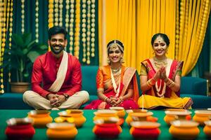 a couple and their two children in traditional indian attire. AI-Generated photo