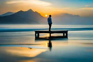 man standing on a pier looking at the sun setting over the ocean. AI-Generated photo