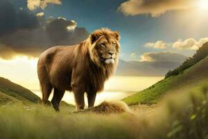 the lion is standing on a hill with a sunset in the background. AI-Generated photo