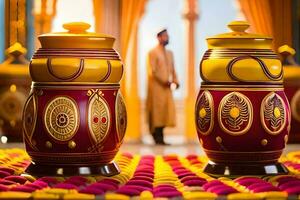 two vases with gold and red decorations on a table. AI-Generated photo