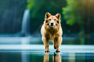 a dog walking along a lake with a waterfall in the background. AI-Generated photo