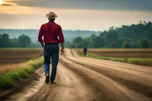 un hombre en un sombrero camina abajo un suciedad la carretera. generado por ai foto