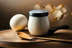 a jar of eggs and a spoon on a wooden table. AI-Generated photo