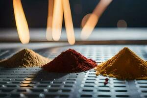 three different colored powders on a table. AI-Generated photo