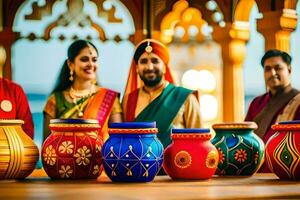 a couple and their friends are posing for a photo in front of colorful pots. AI-Generated