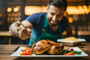 a man is eating a chicken on a plate. AI-Generated photo