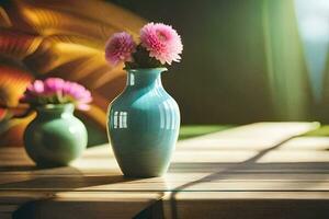 two vases with pink flowers on a wooden table. AI-Generated photo