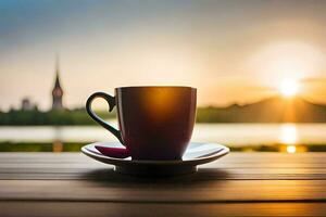 a cup of coffee on a wooden table with a view of the sunset. AI-Generated photo