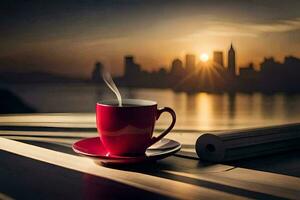 café taza, el ciudad, amanecer, el ciudad, amanecer, el ciudad, el ciudad. generado por ai foto