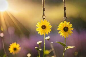 dos amarillo flores colgando desde un cuerda en un campo. generado por ai foto