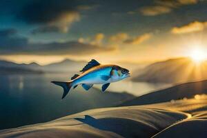 a fish is flying over the ocean at sunset. AI-Generated photo