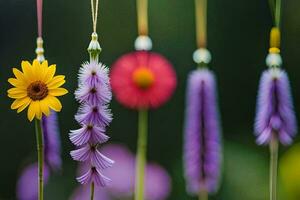 colorful flowers hanging from strings in a field. AI-Generated photo
